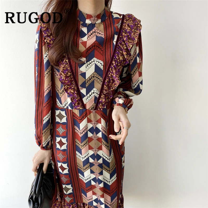 Женское винтажное платье RUGOD Длинное свободное макси с оборками и круглым