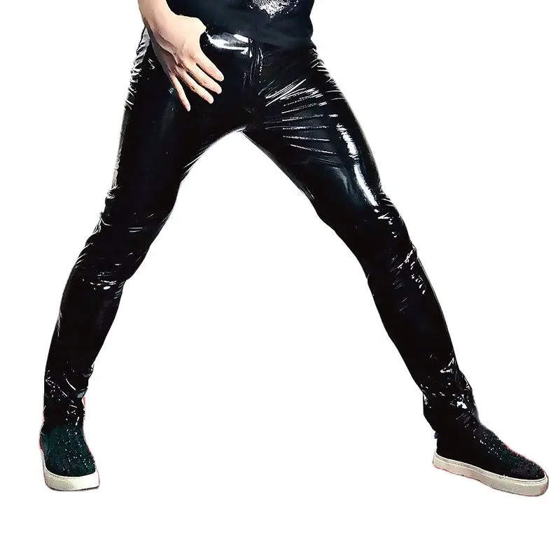 M-6XL! Men Skinny Leather Motorcycle Pants Male Fashion Hip Hop Rock Punk Slim Fit Pu Leather Trousers Stage Clothes Can Becusto
