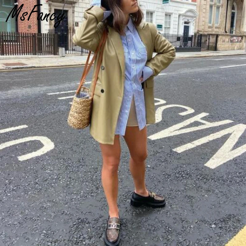 Женский двубортный блейзер из ПУ кожи с длинным рукавом осень 2021 | Женская одежда