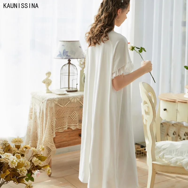 

100% Cotton Nightdress Women Summer Sleepwear Sweet Princess Sleepshirts Night Wear Loose Plus-sized Long Court Night Dress