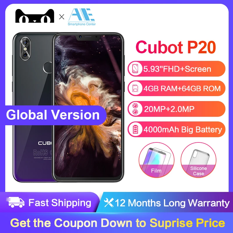 Cubot P20 6 18 'ཏ:9 экран 4 Гб 64 MT6750T восьмиядерный смартфон Android 8 0 4000 мАч 2246*1080 20MP + 2.0MP