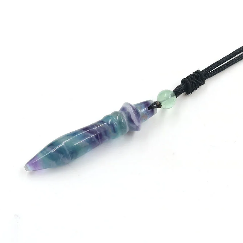

Handmade Weave Rope Chain Fluorite Stone Pendant Bullet Shape Necklace with Round Beads Green Aventurine Jewelry