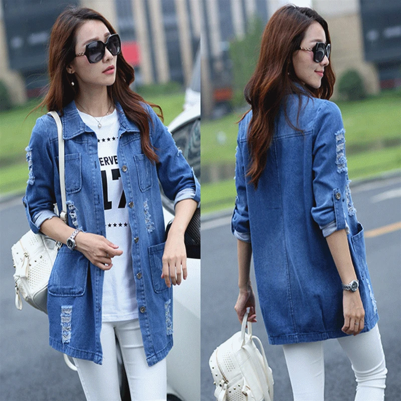 

Базовые длинные джинсовые пальто, женская облегающая рваная джинсовая куртка, женская элегантная винтажная потертая куртка, верхняя одежд...