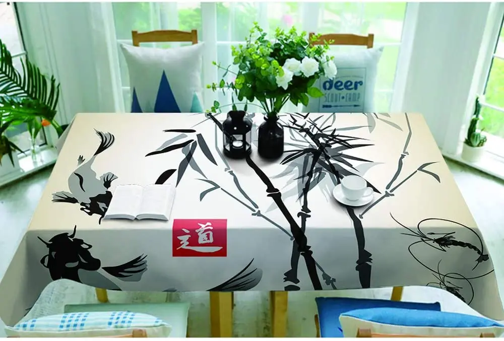 Азиатская японская прямоугольная скатерть в виде птиц бамбука рыбы рисованная