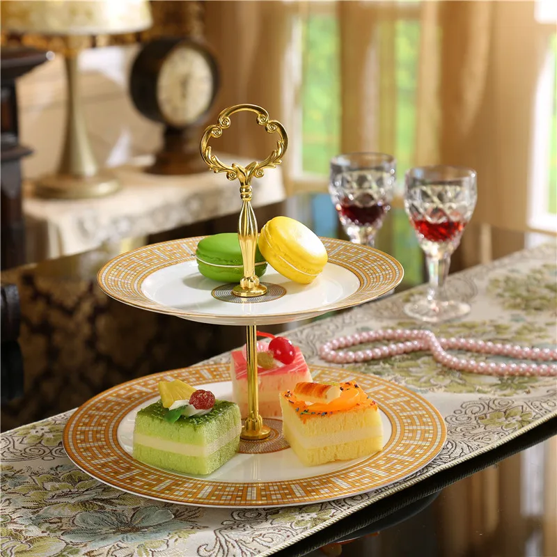 Gold Ceramic Dish Round Tableware Dinner Dishes Sets Food Cake Double Fruit Plates | Дом и сад