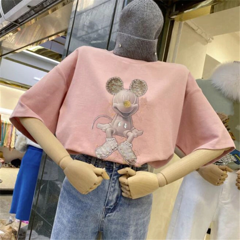 Disney Mickey Minnie Mouse T Shirt Women Cartoon Kawaii Tops Short Sleeve O Neck Loose Tshirt Harajuku Summer Tee Female Clothes