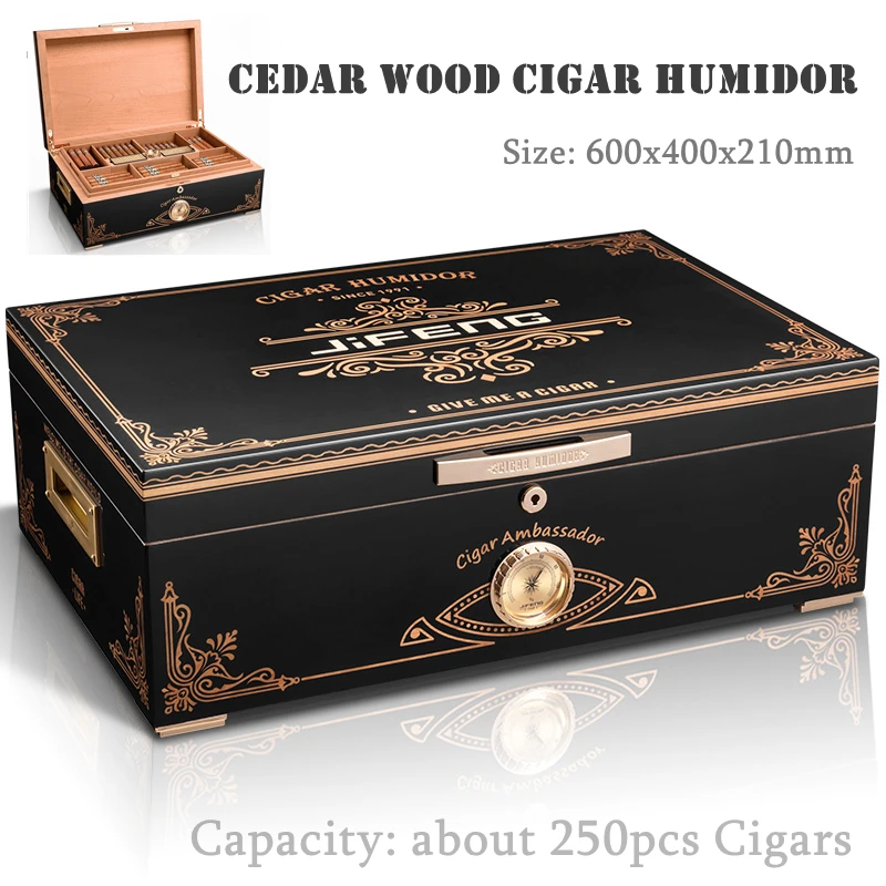 

600x400x210mm Cedar Wood Cigar Humidor JIFENG Large-Capacity 250 Cigar Case Professional PianoPaint 2Layer Cigar Storage Cabinet