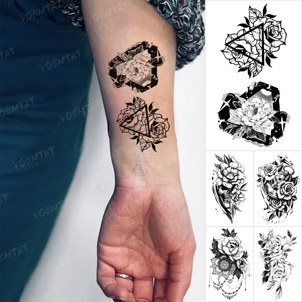 Waterproof Temporary Tattoo Stickers Rose Peony Chrysanthemum Sunflower Henna Line Flash Tatto Men Women Wrist Body Art Tattoos