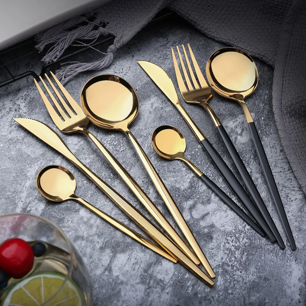 

24pcs black fork spoon knife set Gold tableware set 304 stainless steel cutlery set Dishwasher Safe dinnerware dinner set