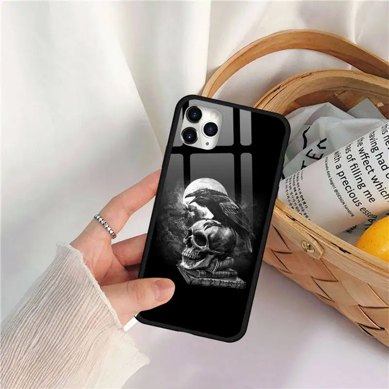 

Crow sat on the skull and raven moonlight Phone Case Tempered glass For iphone 11 12 PRO MAX X XS XR 5C 6 6S 7 8 plus