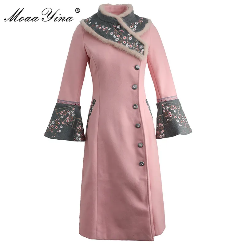 Женское шерстяное пальто MoaaYina теплое дизайнерское с воротником из кроличьего