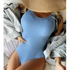 2021 сексуальный синий ребристый цельный костюм однотонный купальник с открытой спиной женский купальный костюм с высоким вырезом купальник женский спортивный купальный костюм