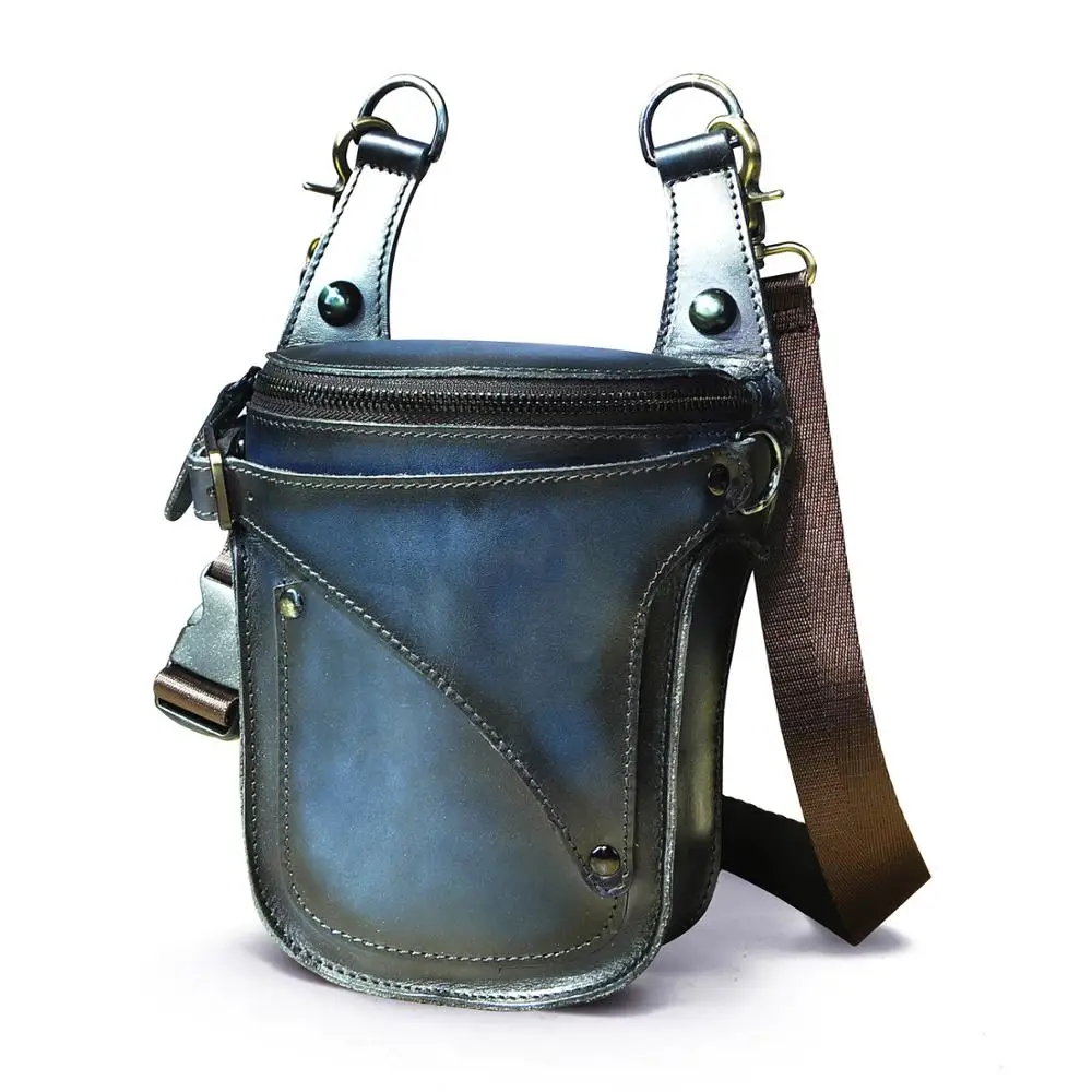 

Unisex Brand Genuine Leather New Travel Fashion Blue Small Messenger Shoulder Bag Design Belt Fanny Waist Pack Drop Leg Bag 9326