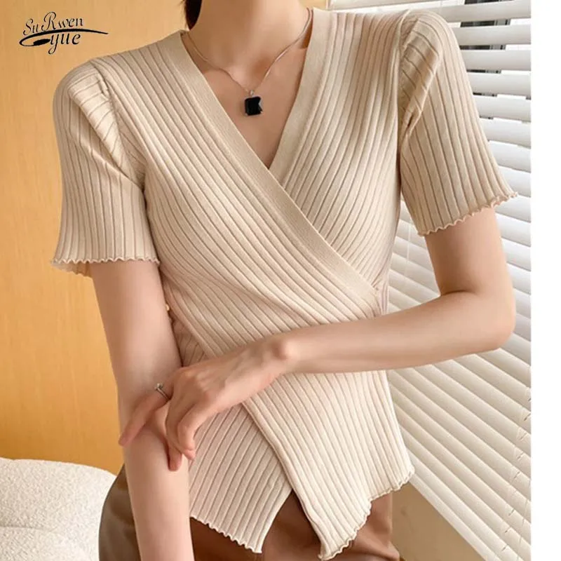 

Pure Color Korean Women's Casual Fashion Cross V-neck Top Sexy Slim Knitted Shirt Female Top 2021 Summer Knitted 15036
