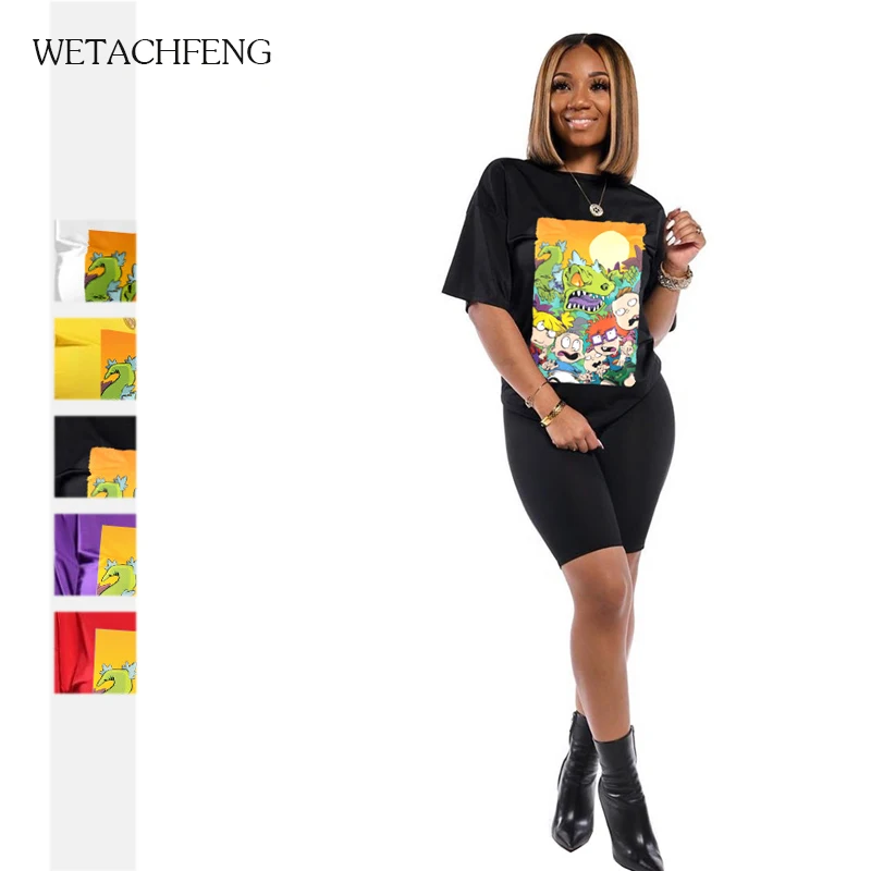 

Dropshipping Black Funny Cartoon Print Biker Shorts Sets Summer Sports Jogging Women's Tracksuit Two Piece Sets Outfits Clothes