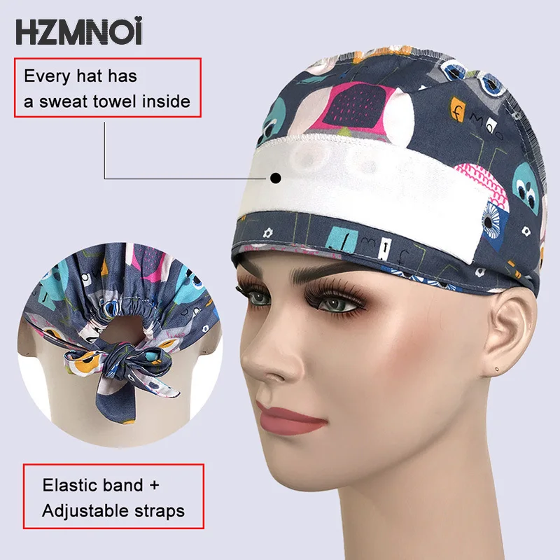 

2021 Cartoon Printed Cotton Breathable Female Medical Nurse Cap Pet Hospital Surgeon Cap Dentist Cap Beauty Salon Chef Scrub Cap