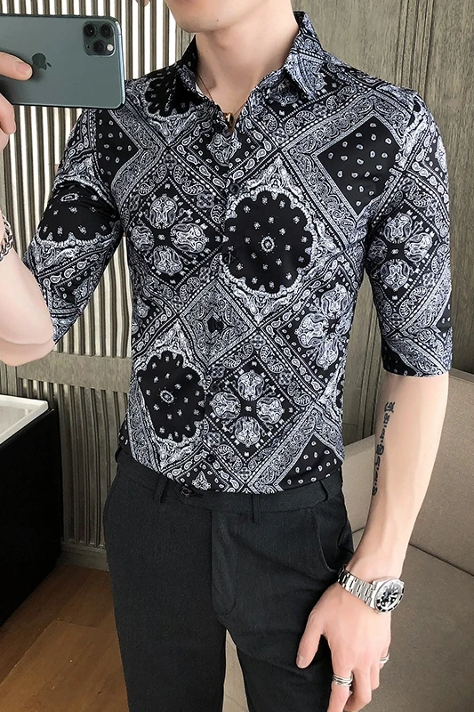 

2021 Summer Slim Shirts Men Luxury Print Social Streetwear Shirts Short Sleeve Business Formal Dress Shirts Camisa Masculina
