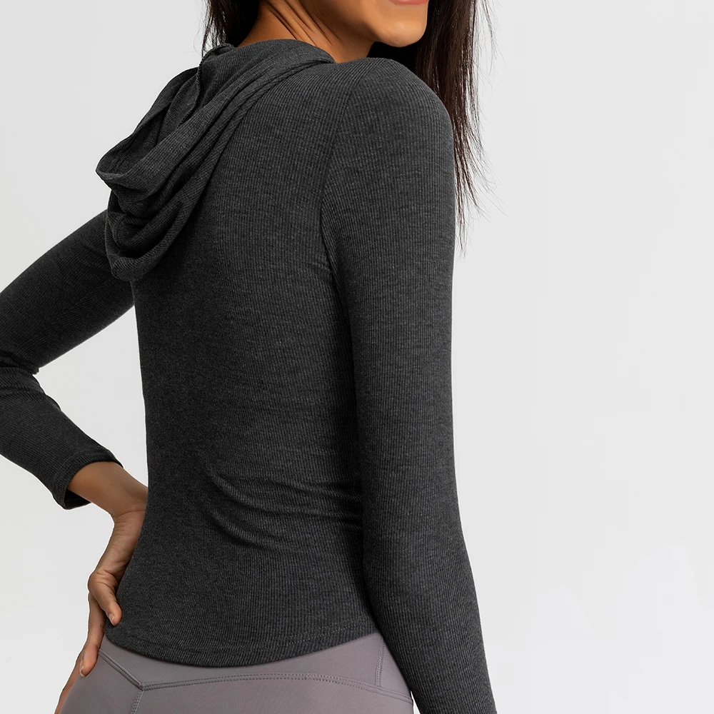 

SHINBENE RIBBED Slim Fit Fitness Running Sport Hooded Jacket Women Full Zipper Comfortable Workout Gym Yoga Cropped Outwear S-XL