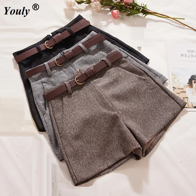 

Женские шорты с высокой талией на осень-зиму 2021, шикарные офисные шерстяные Свободные корейские облегающие короткие брюки в Корейском стил...