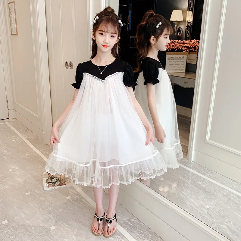 

Children Clothing 2021 New Korean Girl Summer Elegant Princess Dress Little Girl Lace Mesh Dress Teenage Kids Outfits 4-12 Year