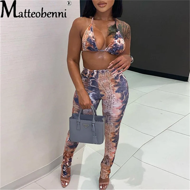 

Fashion Sexy Print 2 Piece Set Outfits 2021 Summer Tank Tops and Leggings Matching Sets Skinny Pattern Sleeveless Tracksuits