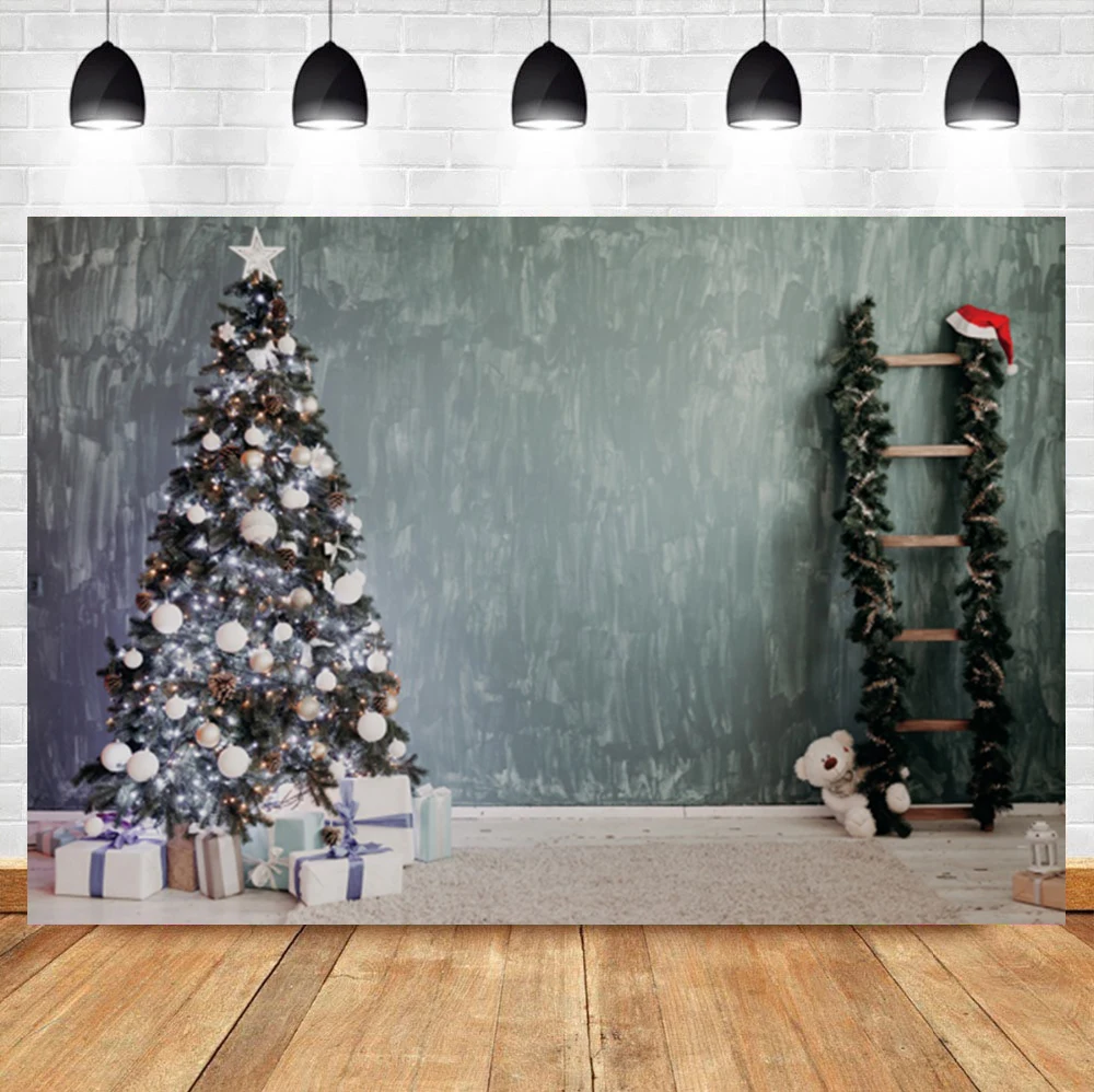 

Laeacco Indoor Christmas Tree Cartoon Bear Ladder Gift Baby Birthday Photo Background Photographic Backdrop For Photo Studio
