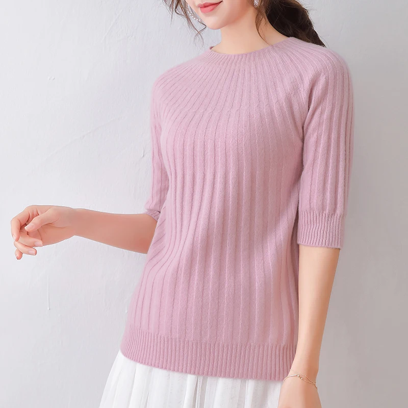 Женский пуловер в рубчик из 100%-ной шерсти с круглым вырезом и рукавом до локтя