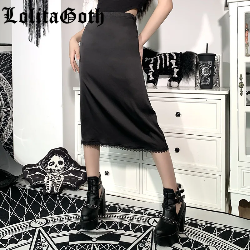 

Lolita Goth Lace Satin Mini Skirts Female Harajuku Dark Patchwork High Waist High Elastic Short Skirt Gothic Women Cloth Club