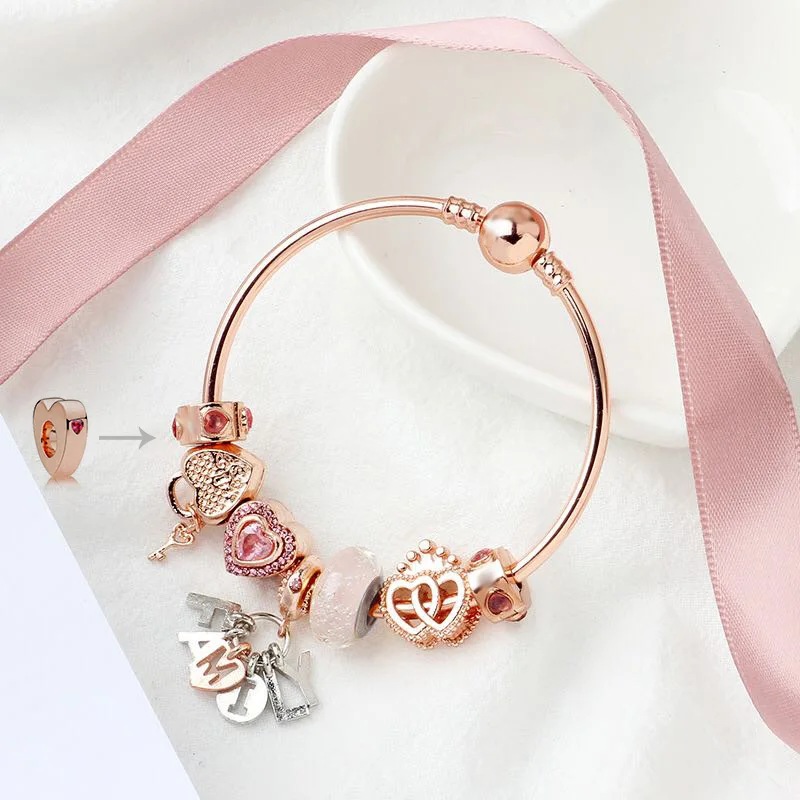 

2020 New Family letter Pendant Fit Pandor Spring European Charms for Women Jewelry Double Heart Beads Bracelet MOM Daughter Gift