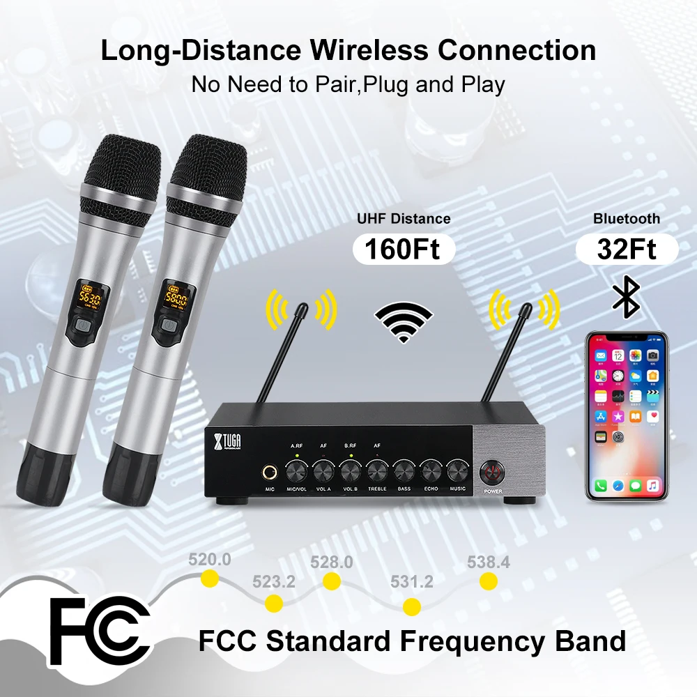 Двухканальный беспроводной ручной микрофон XTUGA UHF простой в использовании Bluetooth