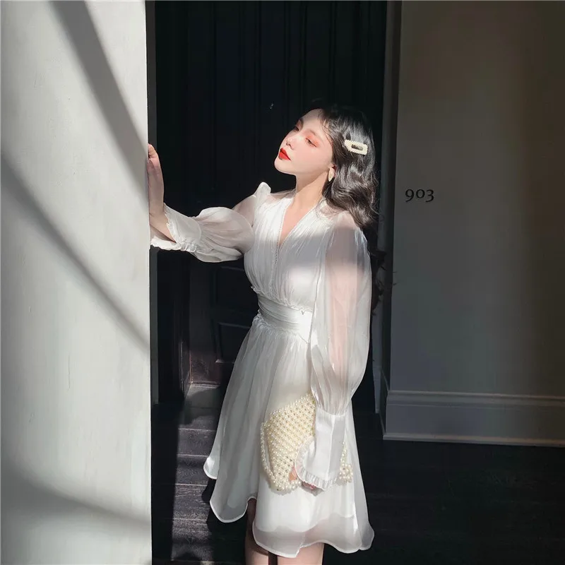 

Korean Ulzzang Spring Fall Women White French Dress Sexy V Neck See Through Party Mini Dress Puff Sleeve Stylish Dress With Belt