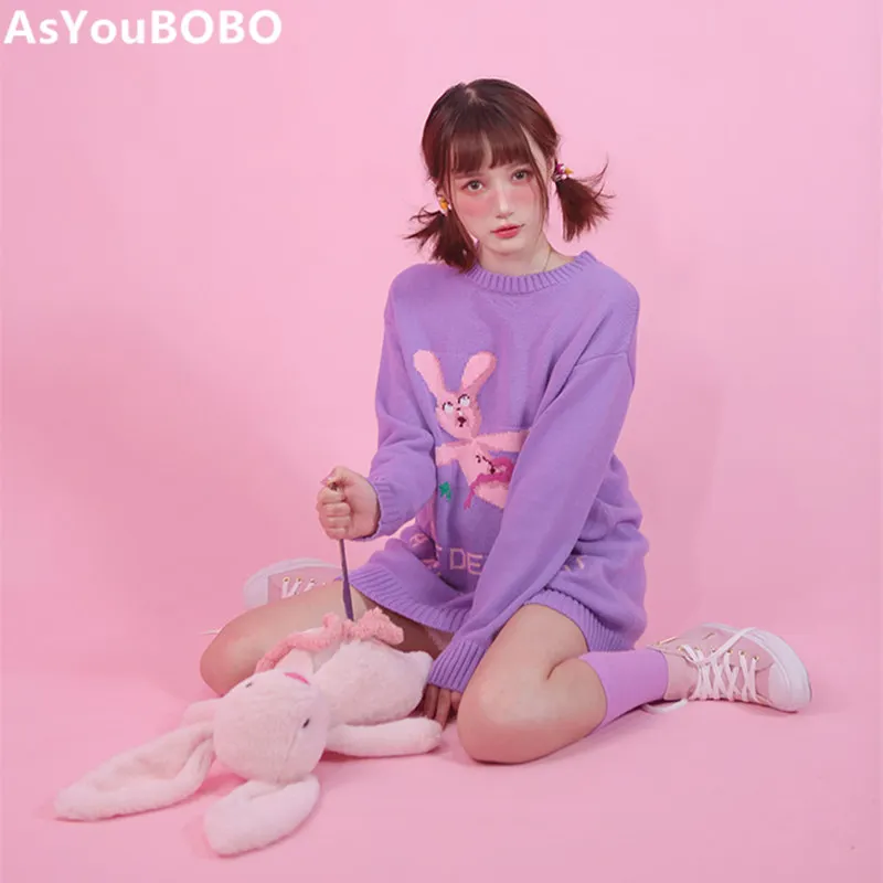 Harajuku Винтаж ins Горячие теплые зимние фиолетовые kawaii милый Лолита Кролик шаблон вязаные свитера с вырезом для женщин топ YQ-1068