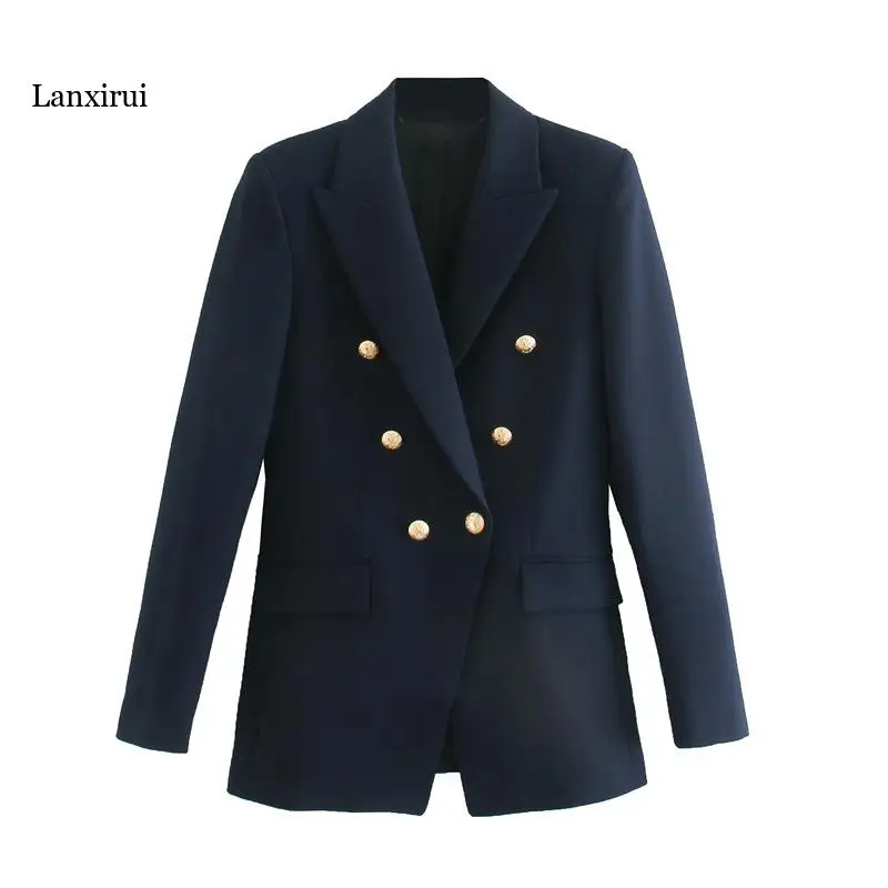 

Office Lady Notched Blazers Women Fashion Double Breasted Jacket Women Elegant Blazer Loose Long Sleeve Suits Female Ladies Coat