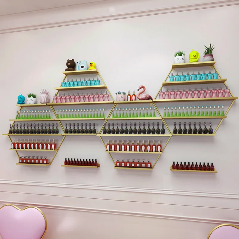 

Nordic Manicure shop gold wall shelves iron metal nail polish racks wall organizer Beauty shop wall storage rack decoration