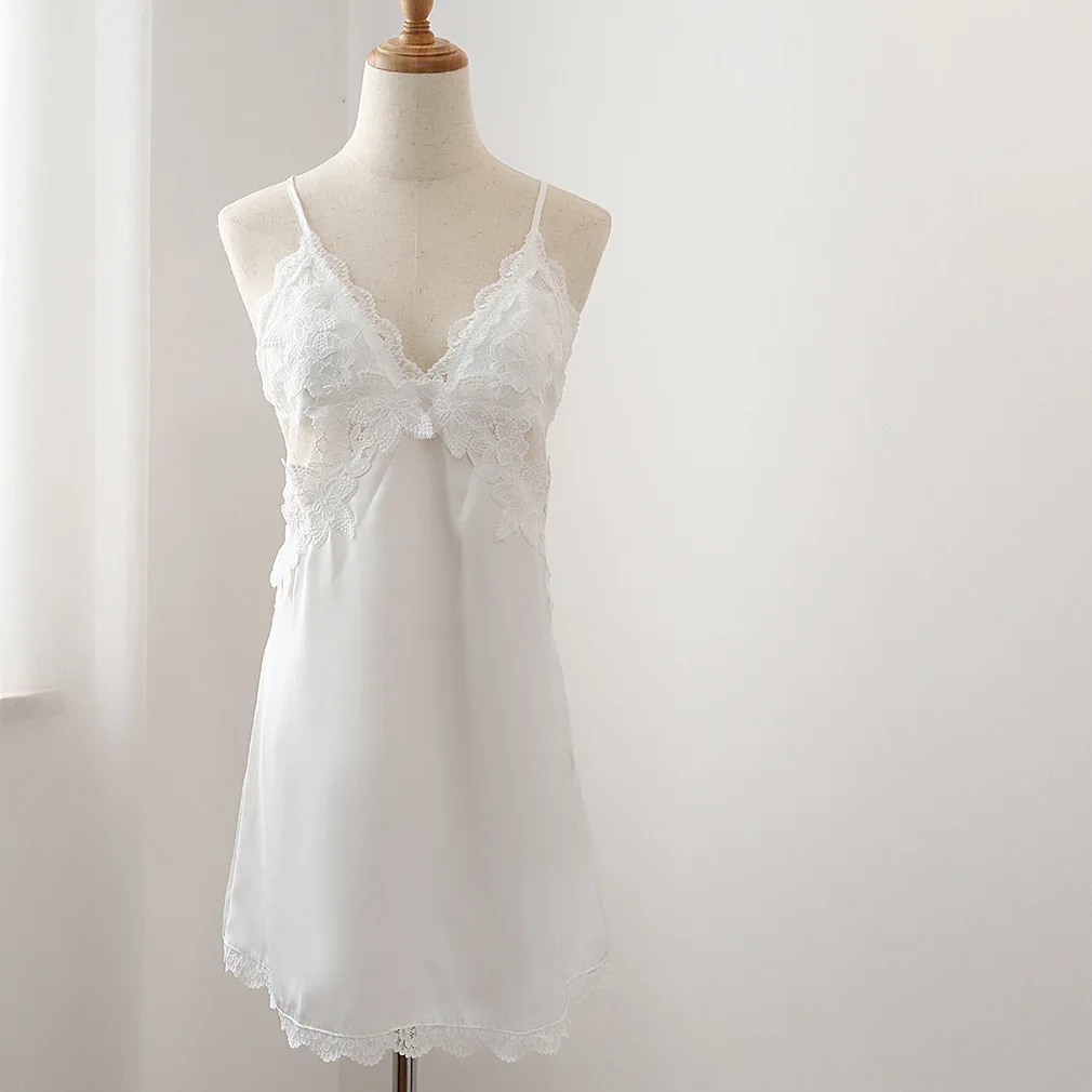 

Women Sexy Sleep Dress Nightgown Summer New Lace Patchwork Nightdress Satin Sleepwear Soft Intimate Lingerie Home Dressing Gown