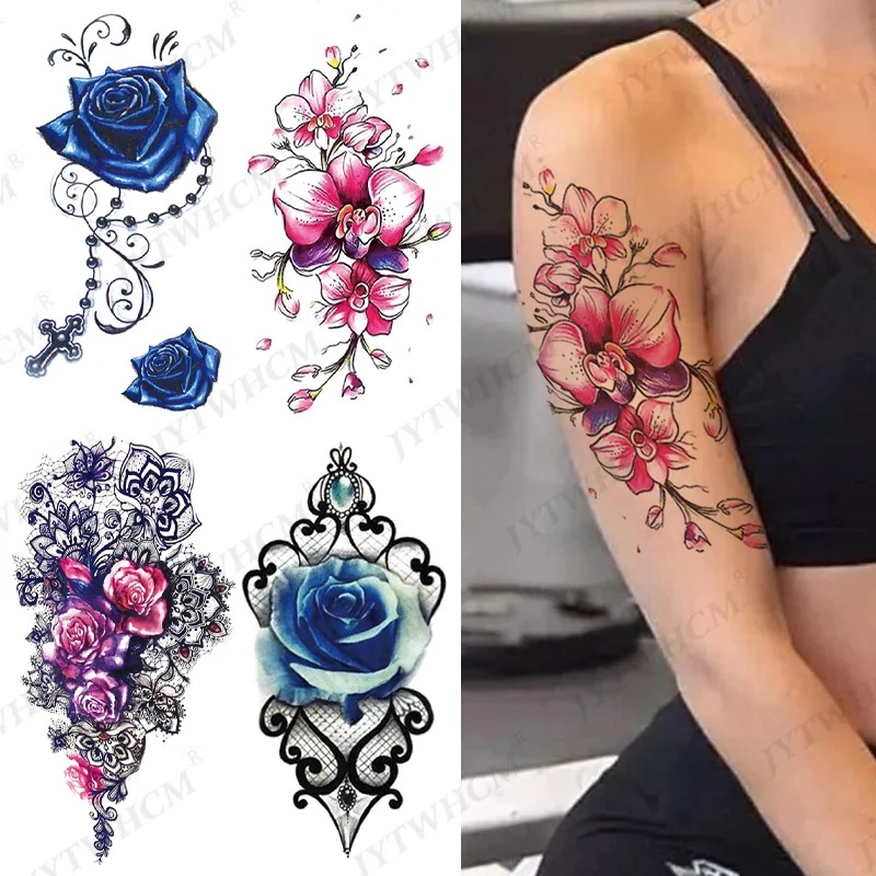 

Временные татуировки с цветами для женщин ский боди-арт Картина искусственные татуировки наклейка Реалистичная искусственная фиолетовая Роза Flash водонепроницаемый тату