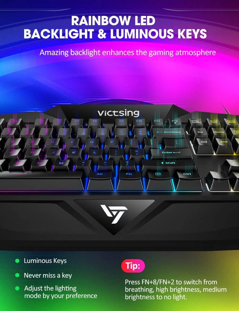 Оригинальная игровая клавиатура VicTsing PC225, RGB клавиатура с подсветкой, эргономичный дизайн, механическое ощущение, 19 ключей против привидений, 8 мультимедийных клавиш, проводная usb-клавиатура для геймера, ноутбука, компьютера