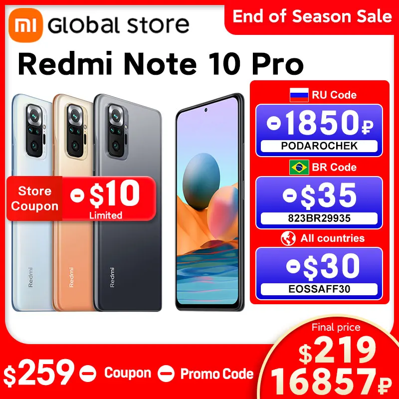  Смартфон Xiaomi Redmi Note 10 Pro, 64 ГБ/Глобальная версия ГБ, 128 МП, Snapdragon 732G, 120 Гц 