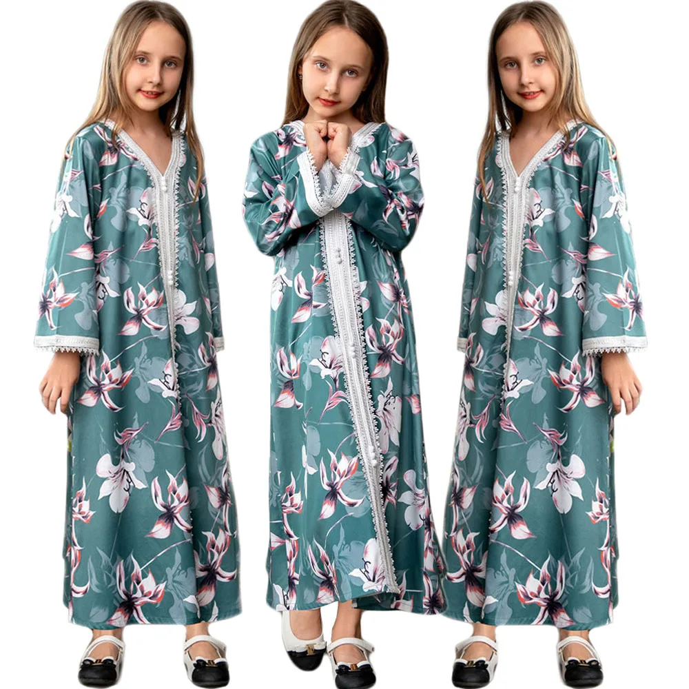 Платье женское длинное с цветочным принтом, мусульманская одежда с V-образным вырезом, Арабский кафтан, детский халат, Турция