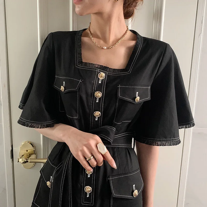 

Korejpaa Women Jumpsuits 2021 Summer Retro Temperament Square Collar Raw Edge Stitching Lace-Up Waist Flared Sleeve Jumpsuit