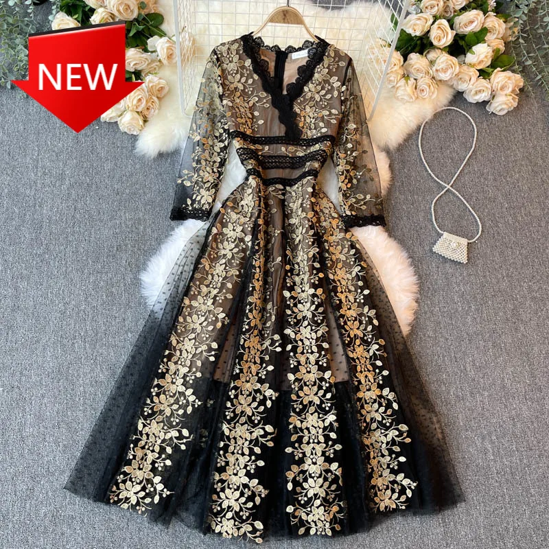 

Dress Women V Neck Half Sleeve Elegant Vintage Dot Mesh Long Vestidos 2021 New Fashion Ladies Embroidered Flower