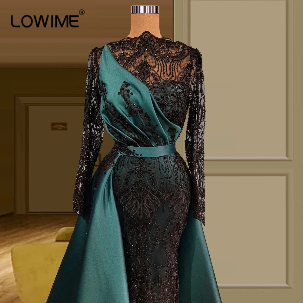 

Arabic Black Lace Beads Mermaid Evening Dress Long Sleeve High Neck Dubai Formal Prom Dresses 2021 Women Vintage Party Gowns