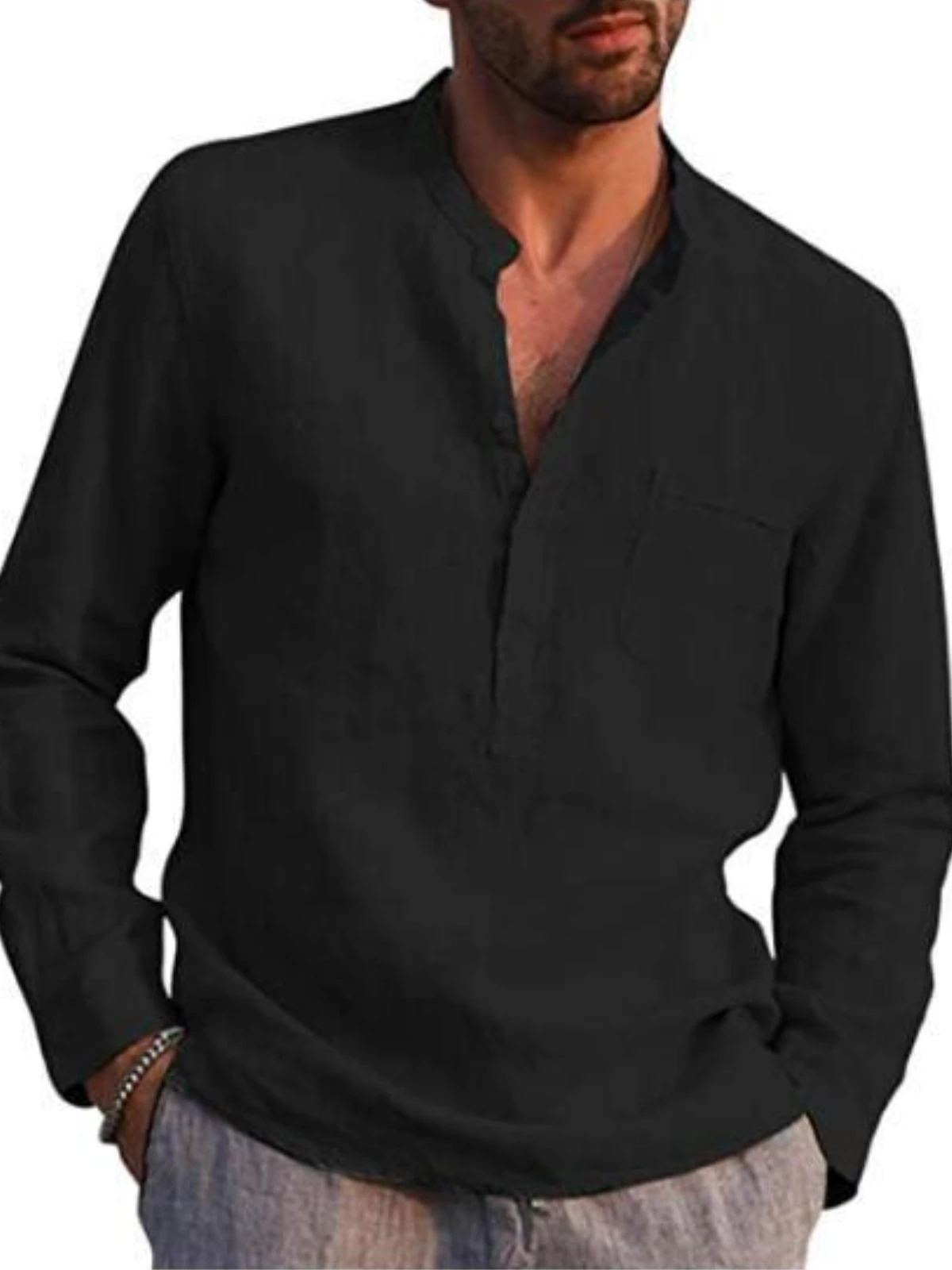 

Black Men Casual Solid Cotton Linen Button T Shirt for Long Sleeve Shirts