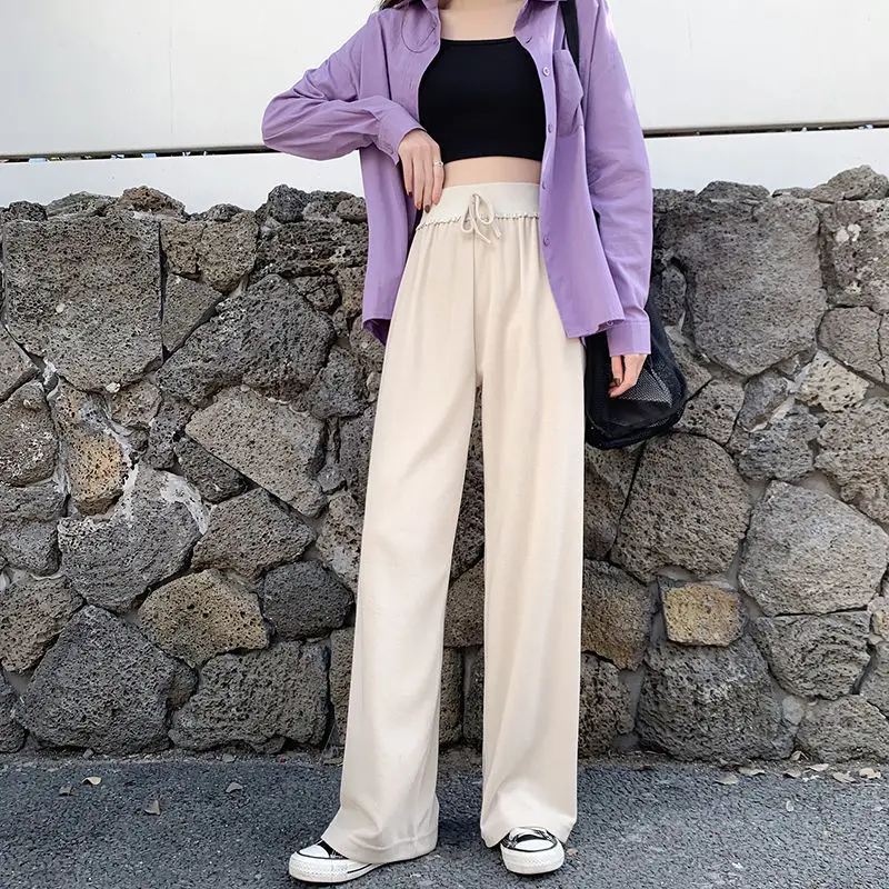 

Summer ice silk wide leg trousers woman loose thin high waist vertical sense trousers straight casual trousers large size