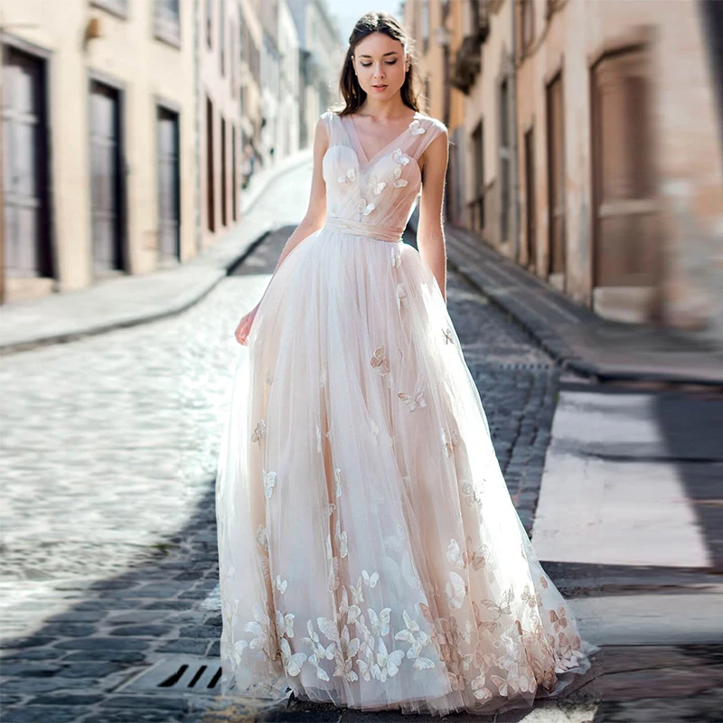 MoonlightShadow Gorgeous Wedding Dresses A-Line V-Neck Sleeveless Butterfly Backless Tulle Bridal Gowns Vestido De Casamento