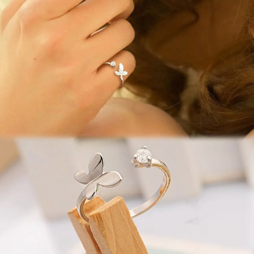 

Silver Plated Rhinestone Gift Adjustable Butterfly Opening Ring Women's Fashion Jewelry