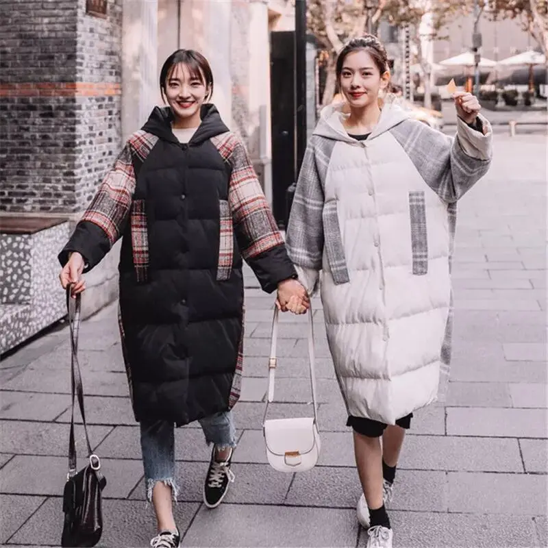 

2021 Large Size Women Winter Cotton Hooded Jacket Coat Fashion Loose Warm Plaid Long Outerwear Casual Female Basic Jacket