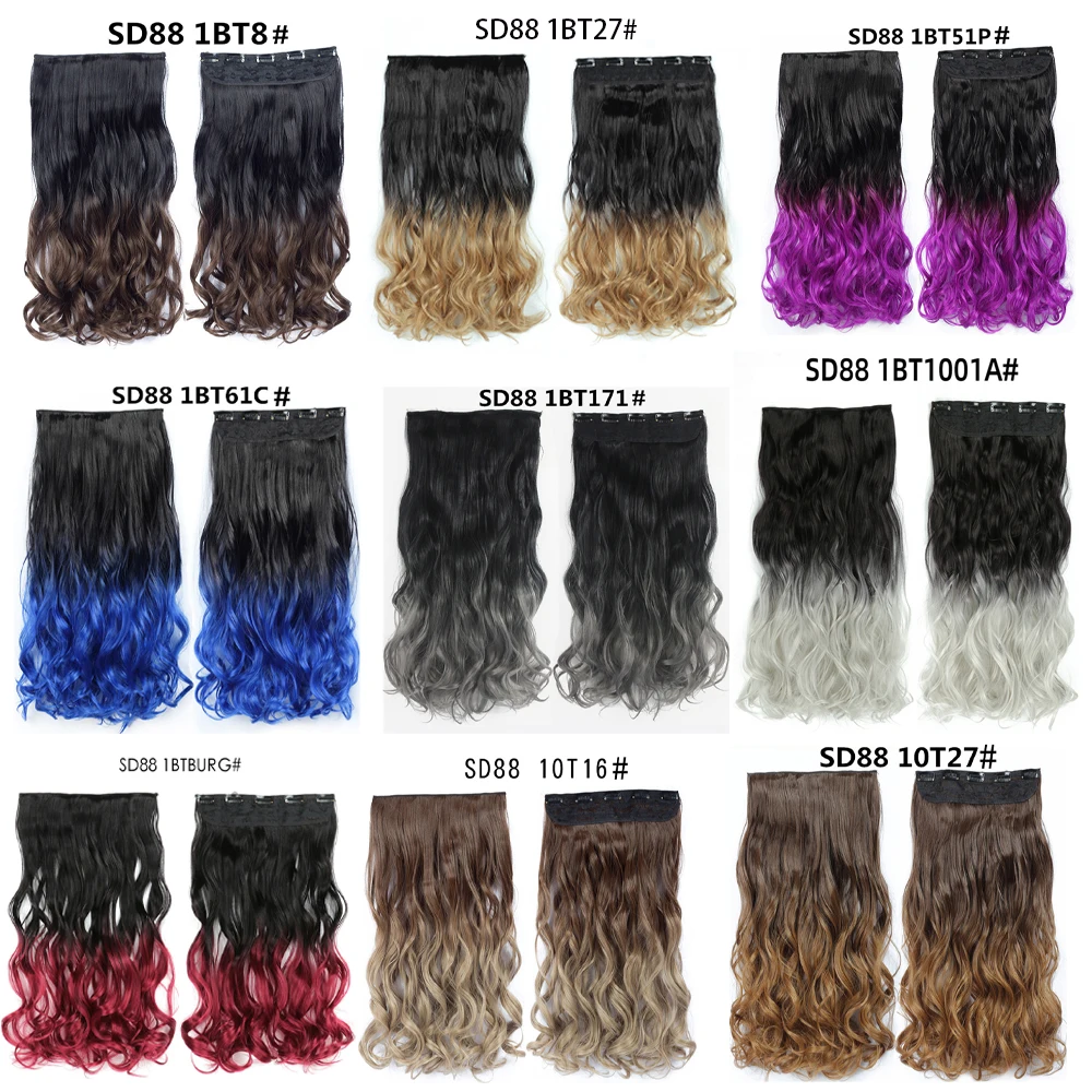 

Long Wavy 5 Clip In One Pieces Hair Extensions Heat Resistant Synthetic Ombre Black Red Women's Natural Hair Pieces 22 Inch
