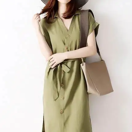 

Avocado Green Shirt cotton hemp dress women 2021 new summer harvest waist show thin temperament French Platycodon skirt