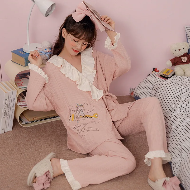 Pajamas Women's New Spring and Autumn Sweet Japanese Kimono Long-sleeved Trousers Cardigan Home Service Pajama Set Sleepwear